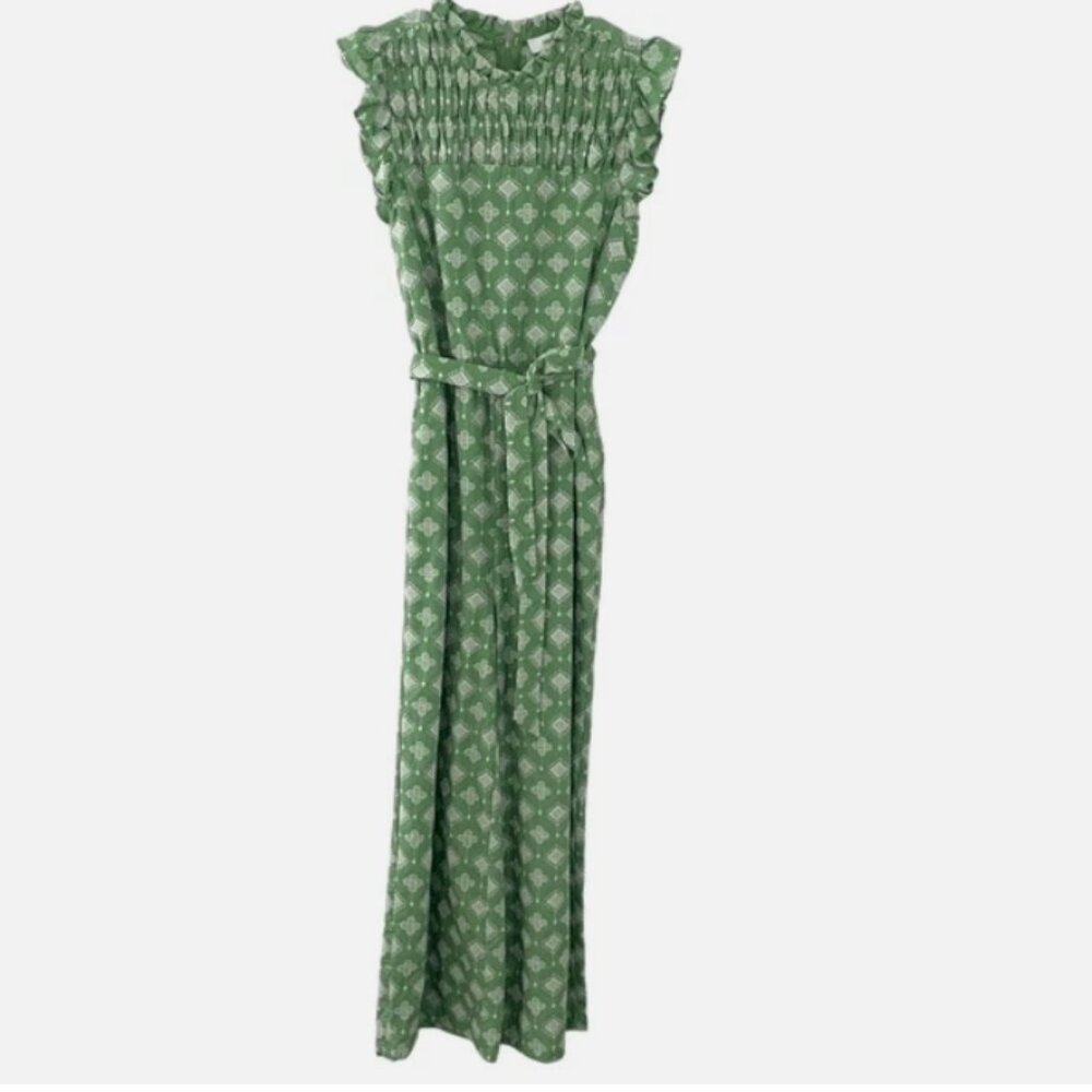 Greylin Women’s Embroidered Eyelet Smocked Ruffle Tie-Waist Jumpsuit Size S